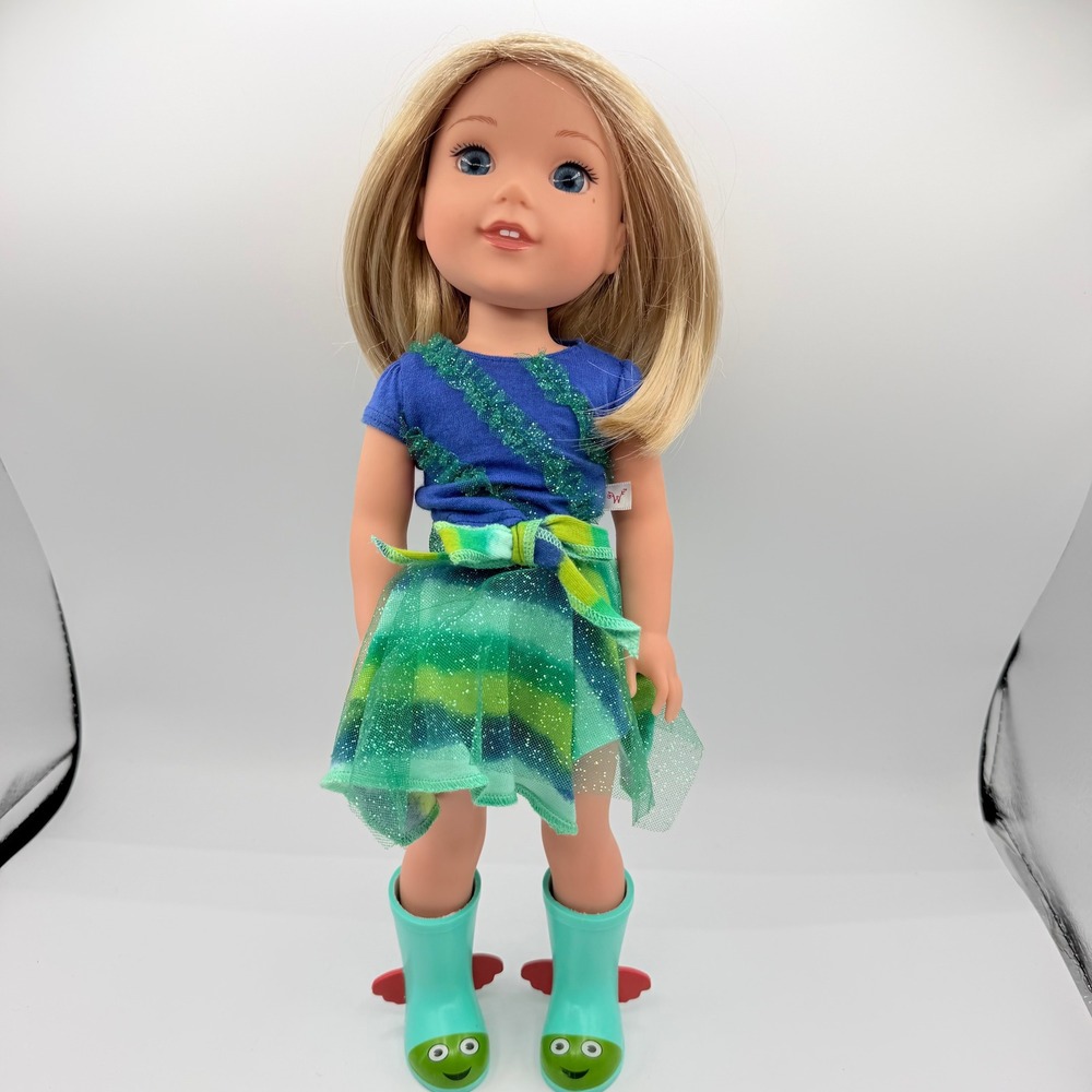 American Girl WellieWishers Camille Doll 14.5" Blonde Blue Eyes Teal Boots EXCL